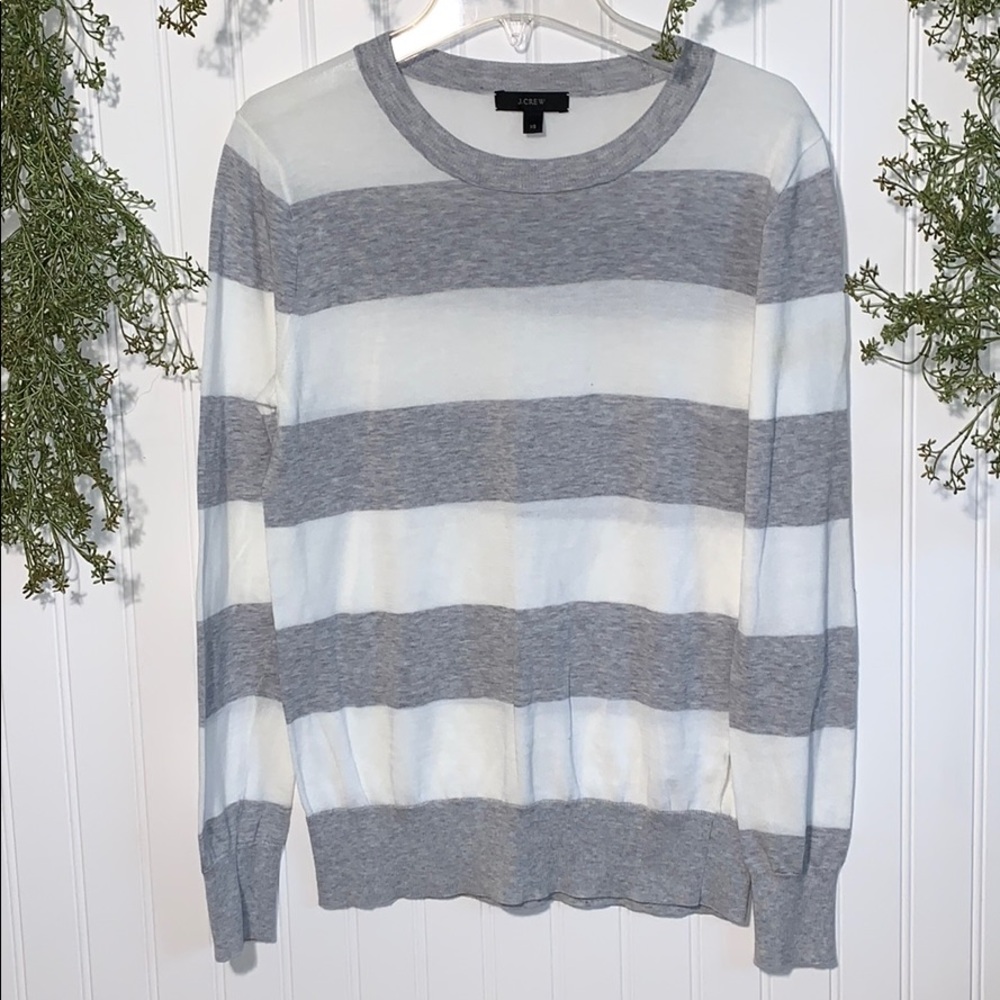 J. Crew Grey And White Striped Crew Neck Sweater